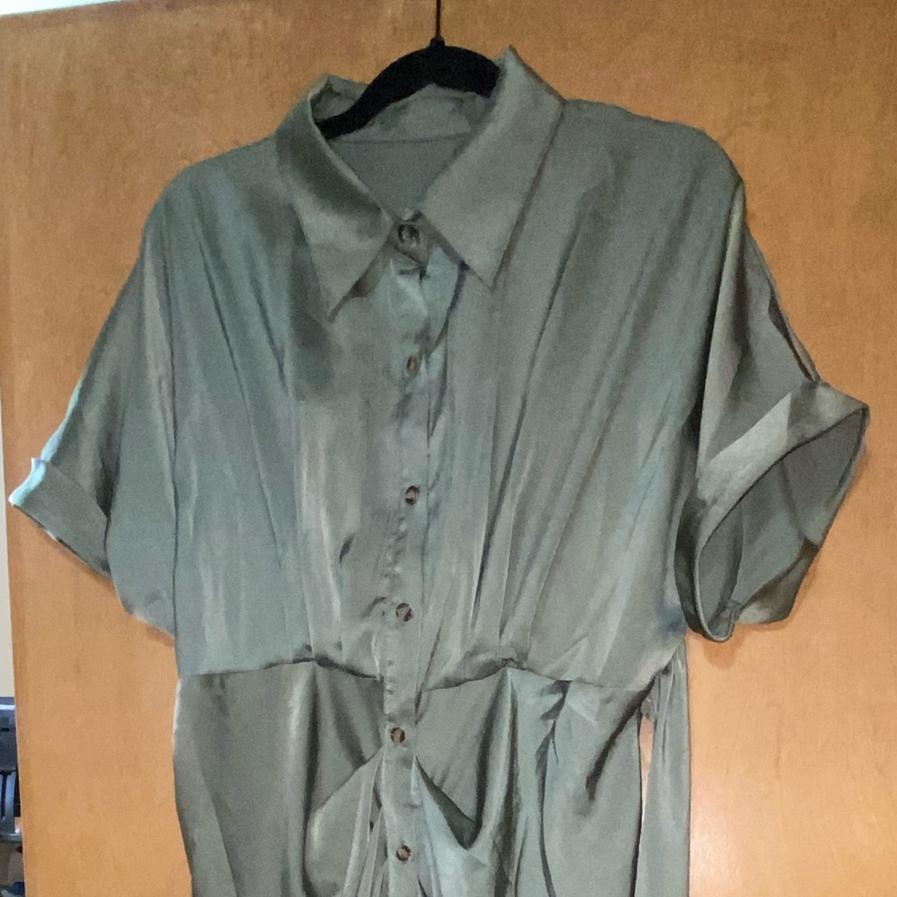 Button Down Green Chiffon Wrap Dress